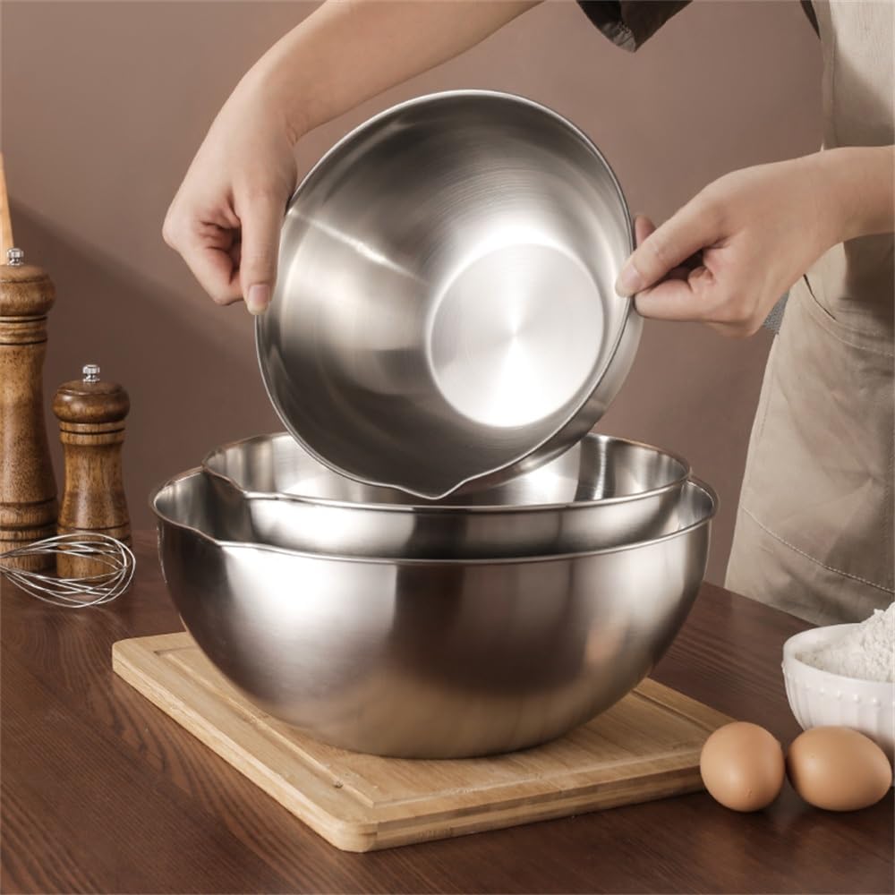 Mixing Bowls Stainless Steel Bowl with Spout Whisk Bowl Baking with Scale Nesting Set for Food Prep(21cm)