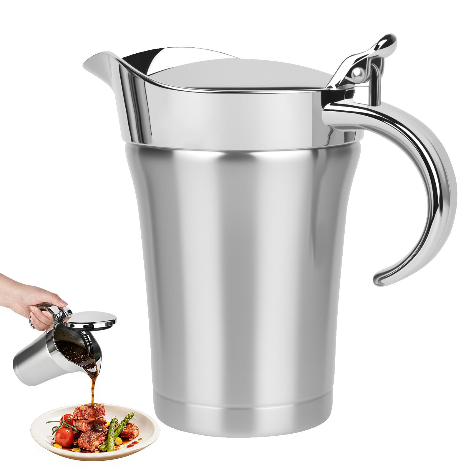 750ml Edelstahl Thermo Sauciere, Doppelt Isoliert Soßenkanne Tropffreier Ausgießer Thermosauciere für Hause Abendessen Restaurants Partys Eleganter Silber