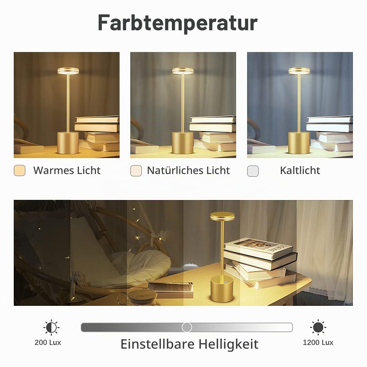 2Set LED Tischlampe, 5000mAh Tischleuchte Akku, Dimmbar, Aluminium | 3 Farbtemperatur, Moderne, Aufladbar Tischlampen für Outdoor Indoor Nachttisch Esstisch Terrasse Bar Gold