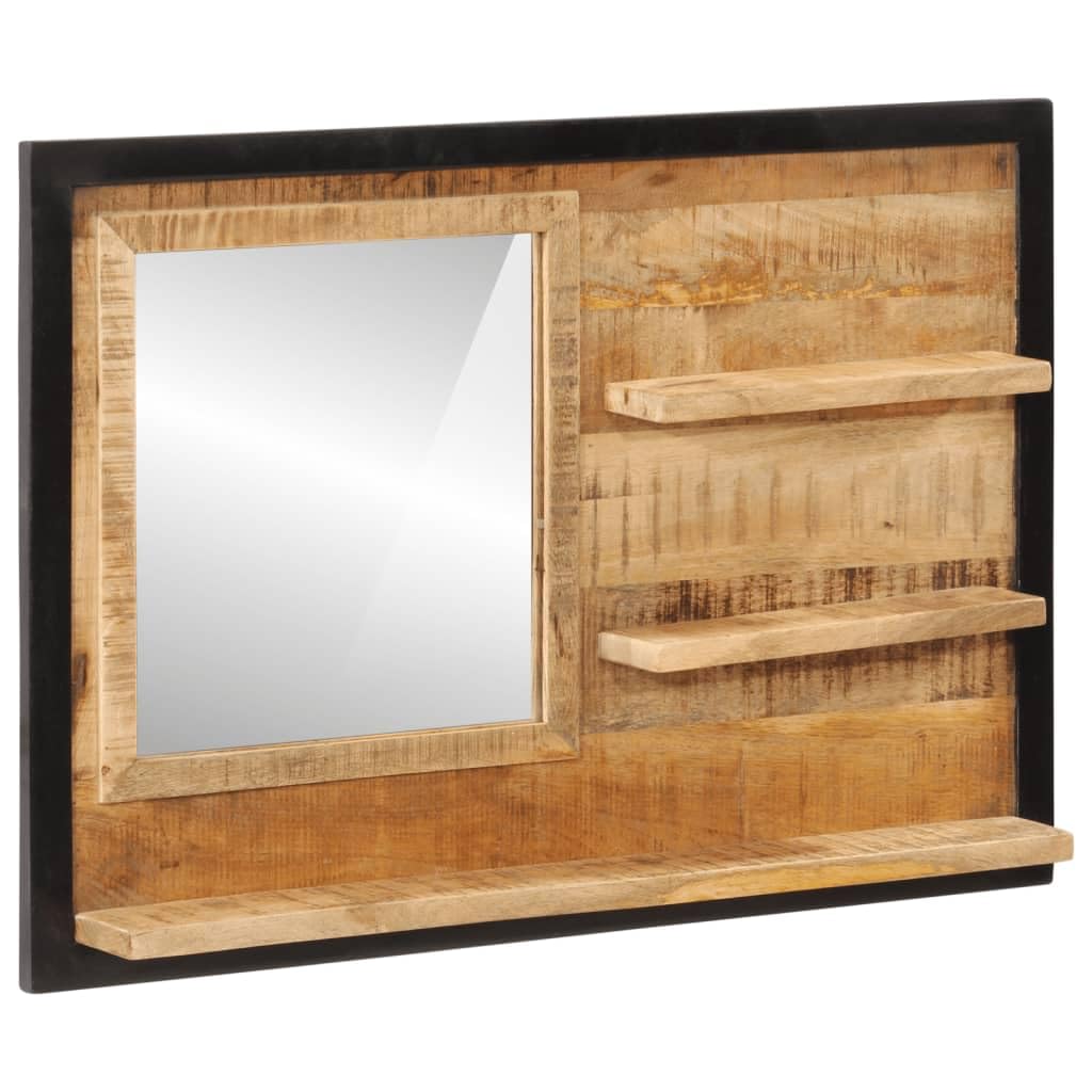 Spiegel mit Ablagen aus Glas und massivem Mangoholz 80x8x55 cm Wandspiegel für Badezimmer, Schlafzimmer, Flur und Diele, Stauraum für Kosmetik und Rasur