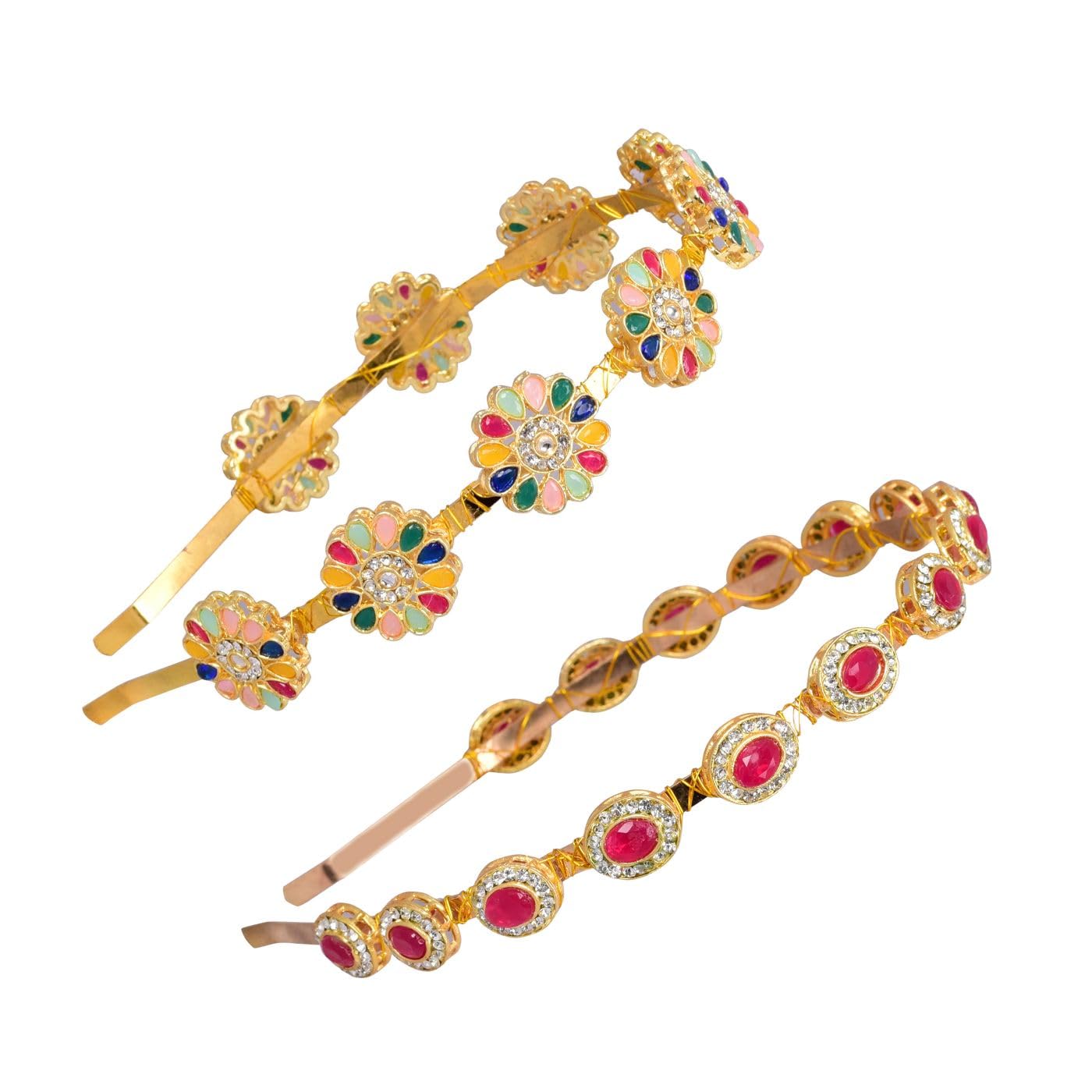 Kundan Minakari Gold Plated Hair Bands Fancy Wedding Hairband Headband for Women & Girls (Multi-Pink)-image-4