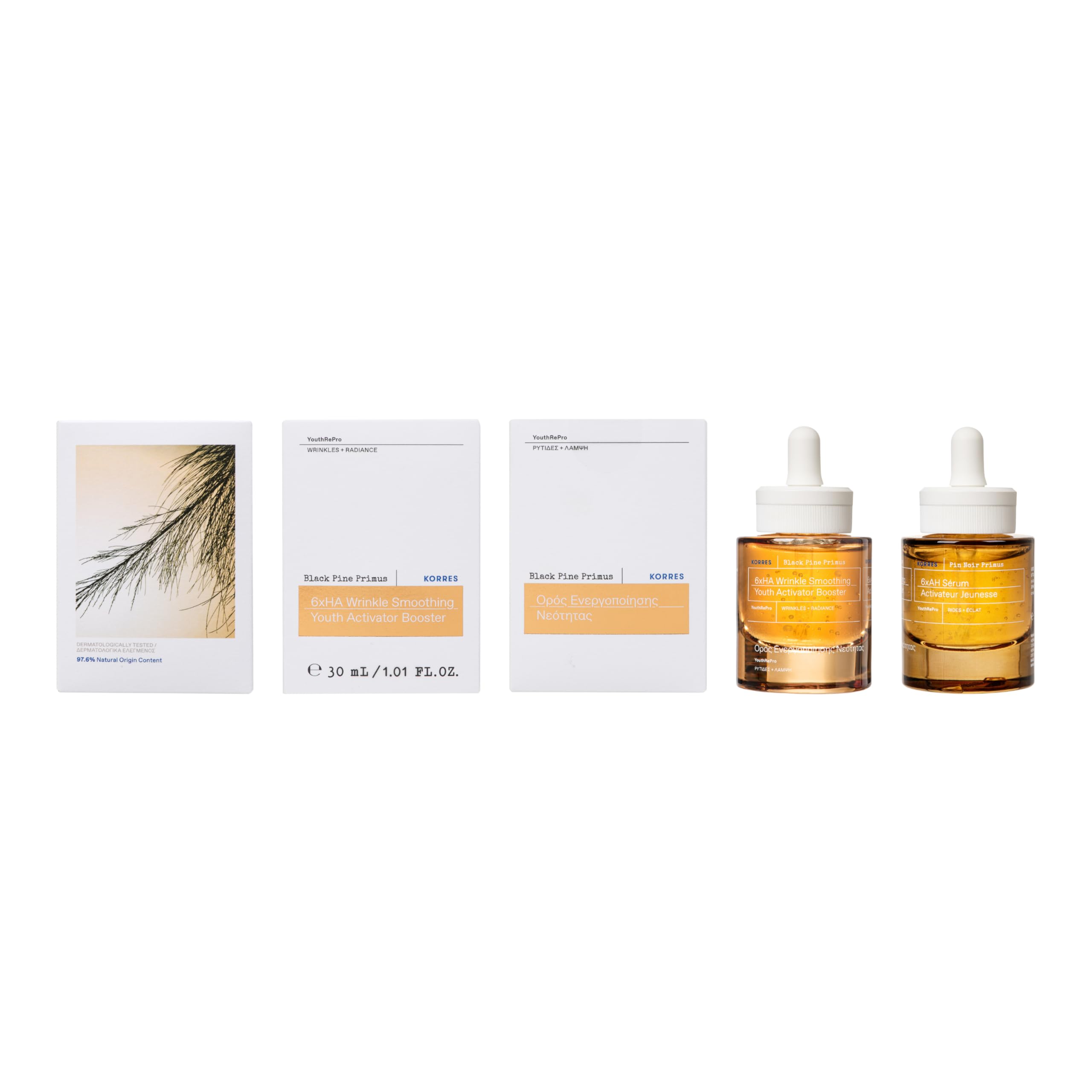 KORRES Black Pine Primus 6 kat hiyalüronik asit takviyesi, kırışıklık giderme için, yaşlanma karşıtı serum, genç görünümlü ciltler için, silikon ve paraben içermez, vegan, 30 ml