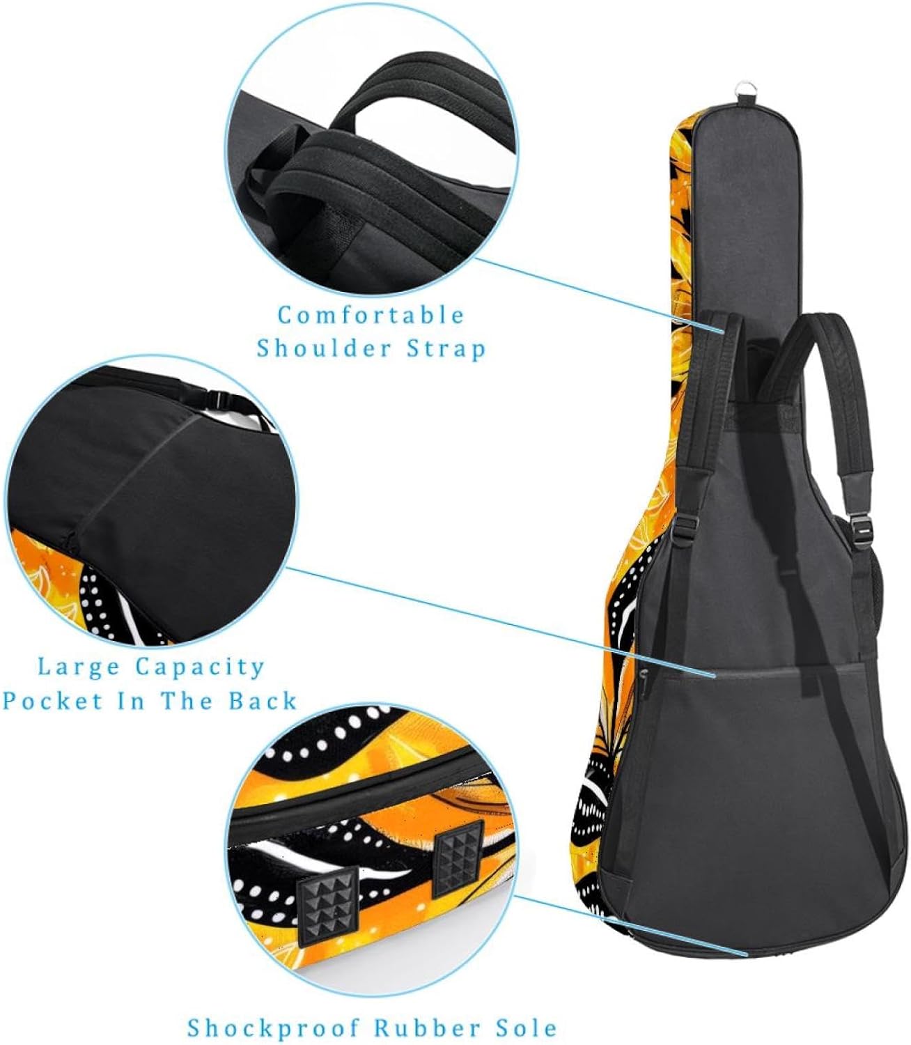 40 41 42 Inch Guitar Bags, Waterproof Padded Acoustic Guitar Case Backpack with Adjustable Shoulder Strap & Pockets, Yellow Abstract Sunflower