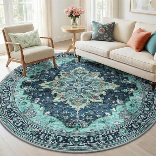 RELEANY Washable Area Rug, Round 6ft, Teal