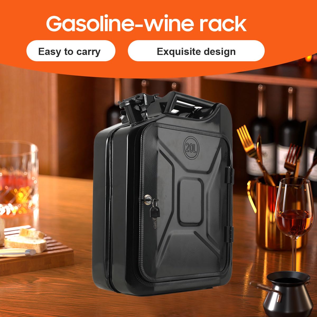 20L Kanister Mini Bar, Schwarzer Whiskey Bar Schrank Jerry Can Mobile Bar, Geburtstagsgeschenk für Männer personalisierte Geschenke für Männer, Abschließbarer Minibar, 34x16x46 cm