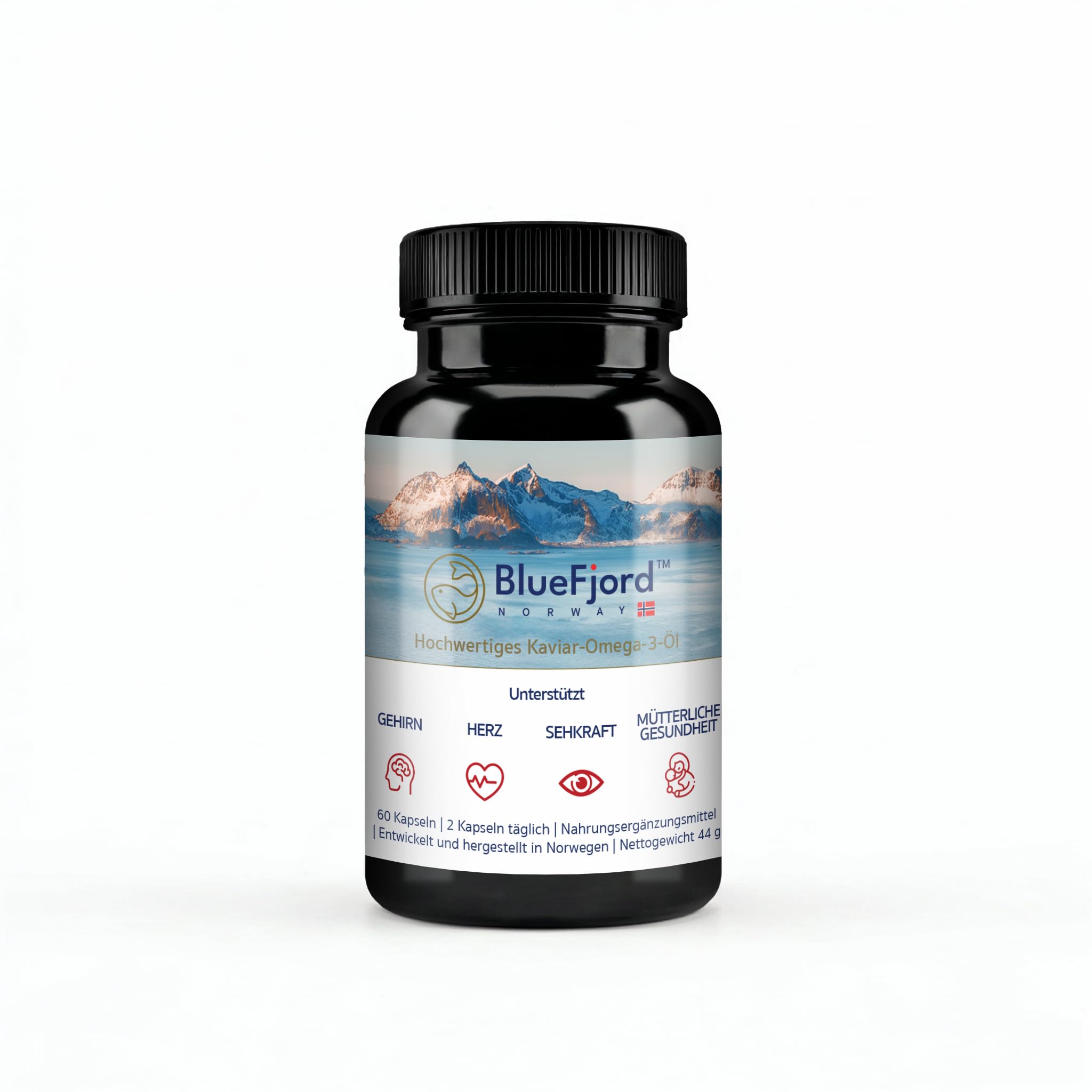 BlueFjord Norway - Hochwetiges Kaviar Omega-3 Kapseln, 1000 mg Öl pro Tagesportion, DHA, EPA, Cholin und Vitamin D, kein fischiges Aufstoßen, 60 Kapseln
