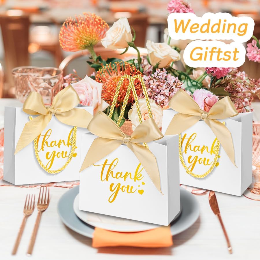 Nimbbex 50Pack Thank You Bags with Handles, 5.5x4.7x2.5 Inches Small Gift Bags with Bow Ribbon, Mini Party Favor Bags for Wedding Baby Shower Birthday (White) - Image 2