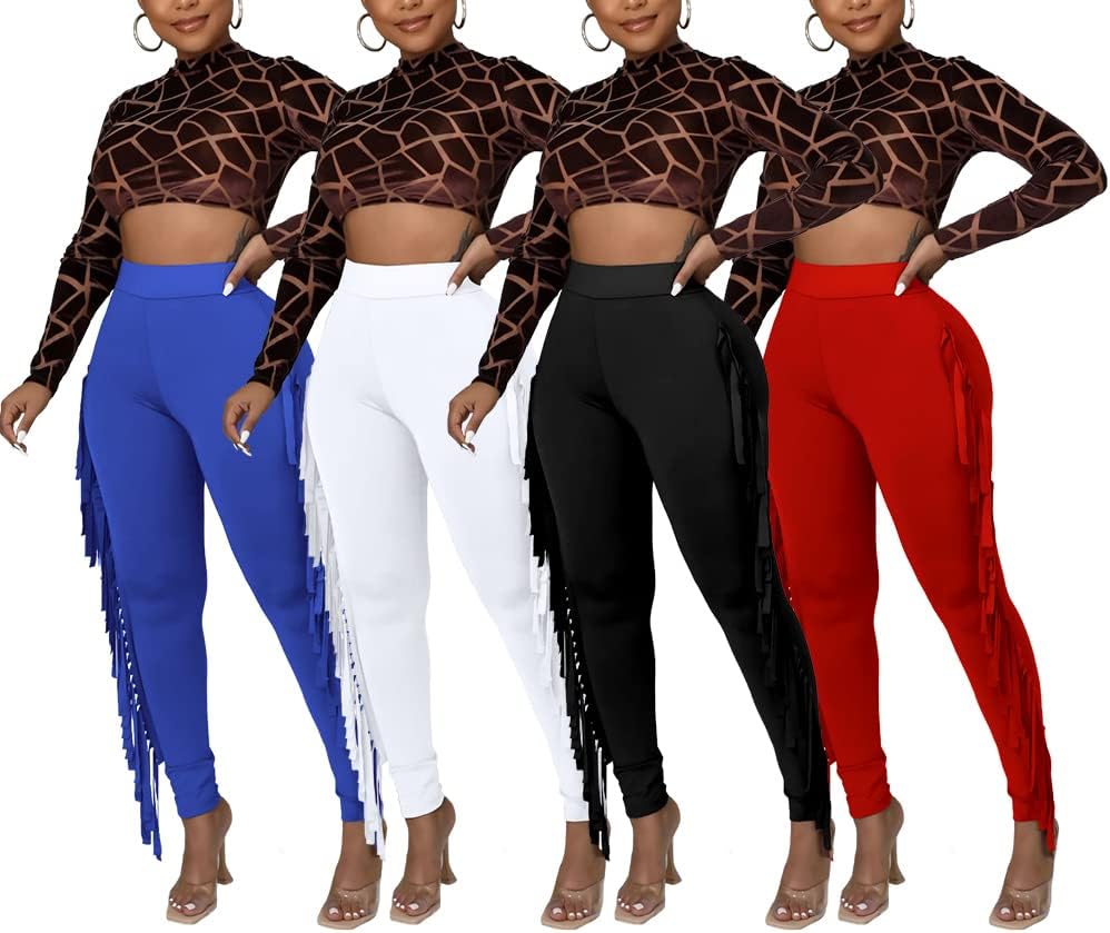 Choichic Women's Casual High Waist Fringed Pants With Elastic Waist - Bodycon Tassels Side Long Jogger Sweatpant - Image 2