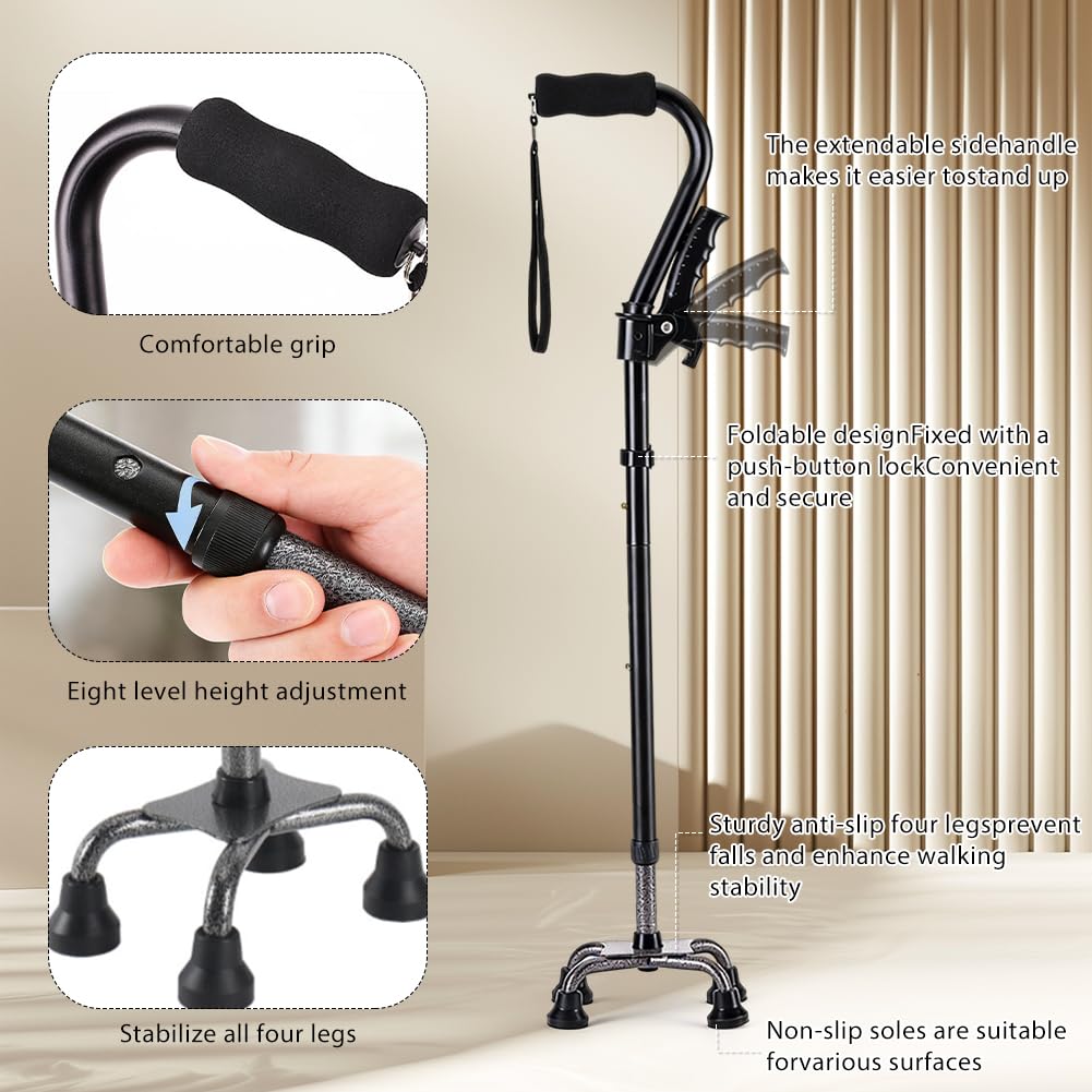 Bastón plegable para hombre y mujer, para personas mayores con base de 4 puntas, doble mango, altura ajustable (75-90 cm), ligero y estable, bastón telescópico para adultos