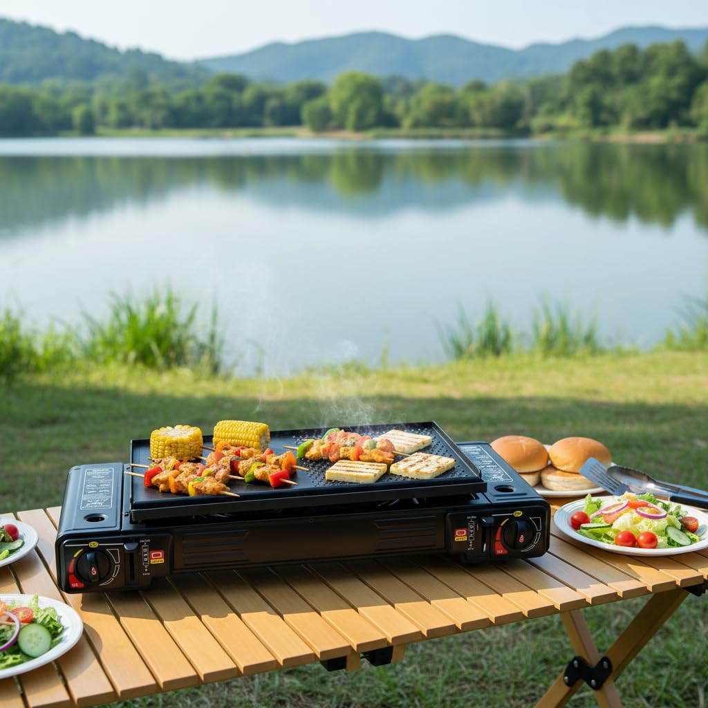 Hornillo portátil de camping con 2 fuegos, hornillo de camping al aire libre, estufa de gas, placa de barbacoa, maletín de alta potencia y seguridad, para familias y aventuras para fiestas de barbacoa