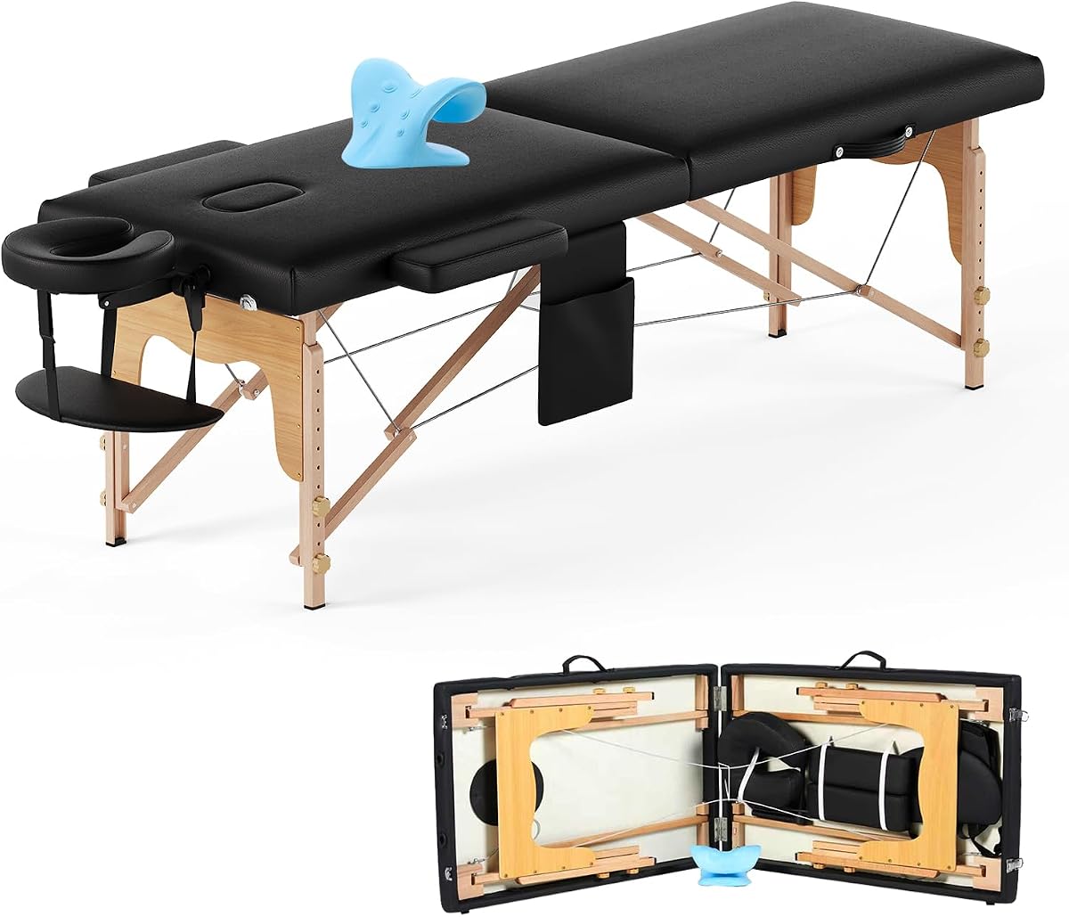 Mesa de masaje portátil de 84" Cama de pestañas ajustable (madera, negro-2 plegables) | Cama de esteticista, para masajes, faciales, tatuajes, belleza, con ensanchador de cuello