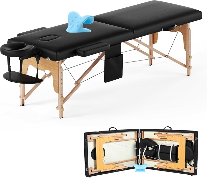Mesa de masaje portátil de 84" Cama de pestañas ajustable (madera, negro-2 plegables) | Cama de esteticista, para masajes, faciales, tatuajes, belleza, con ensanchador de cuello