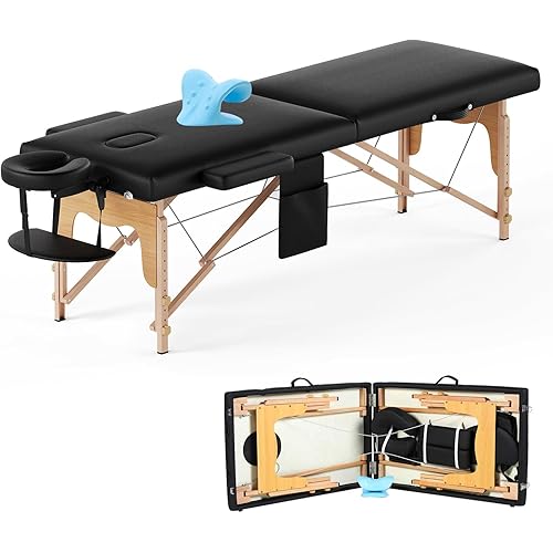 Gaussen Portable Massage Table w/Neck Stretcher, 84 inch Sturdy Foldable Massage Bed Tattoo Table Adjustable Lash Bed Esthetician for Beauty Tattoo (Wood, Black-2 Folding)