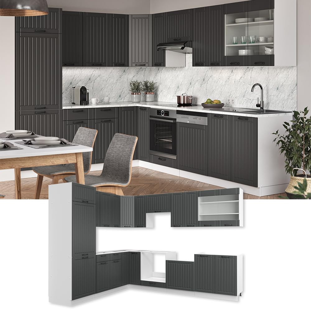 Vicco Cuisine en Angle Fame-Line, Gris foncé/Blanc, 287 x 227 cm | 14 Modules · Pieds réglables en hauteur · Plan de travail incl. · Façades en MDF · Softclose · Poignées en métal