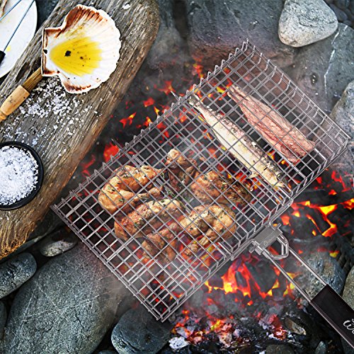 WolfWise Portable Grilling Basket BBQ Barbecue Tool Work for Fish Vegetable Steak Meat Shrimp Chops, Made of Durable 430 Stainless Steel, Large