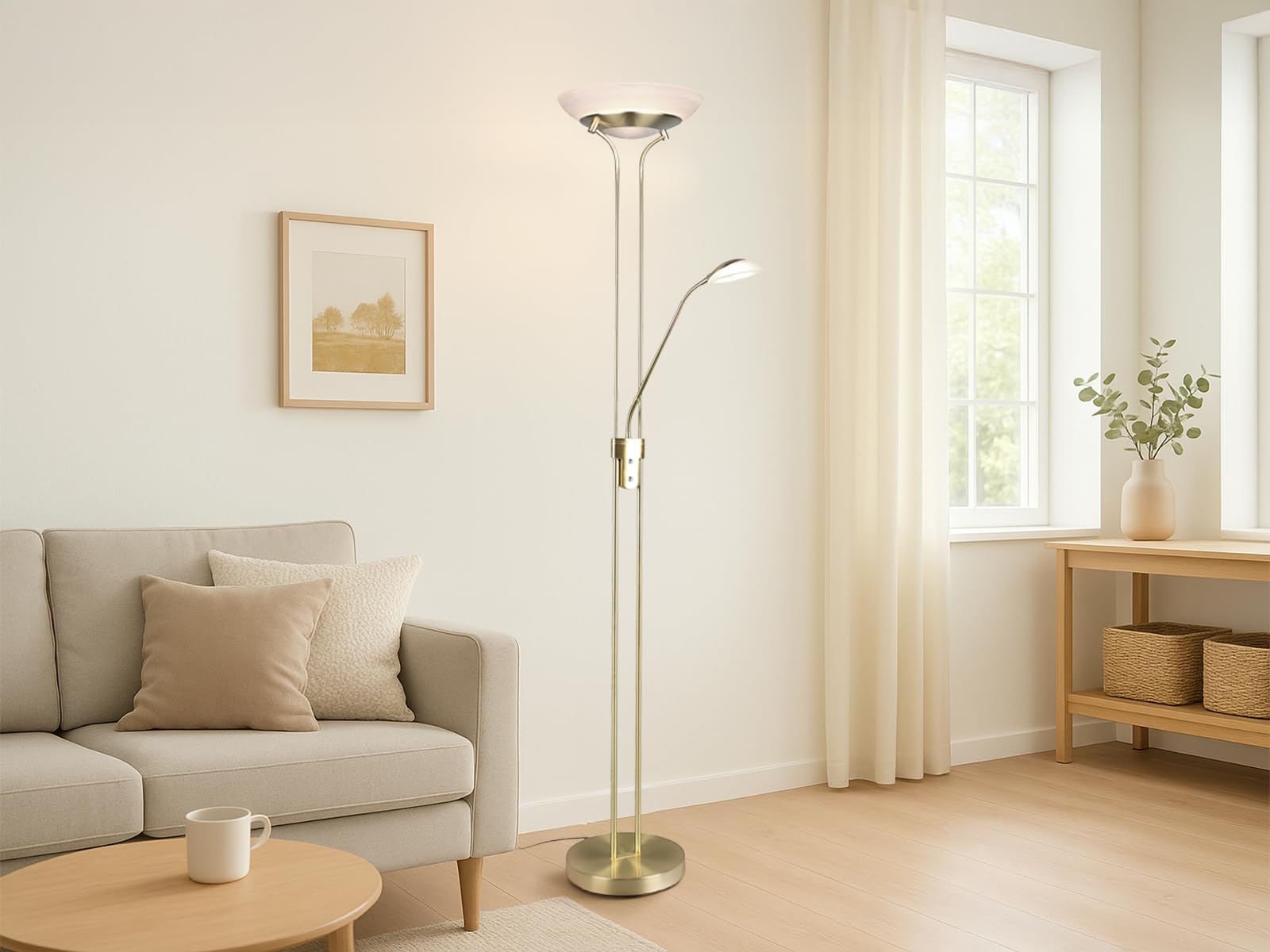 RL LIVE YOUR LIGHT Reality Leuchten lampa stojąca LED Orson R40073508, metal mosiądz matowy, szkło w kolorze alabastrowym, w zestawie 27 W LED + 4,5 W LED, ściemniacz