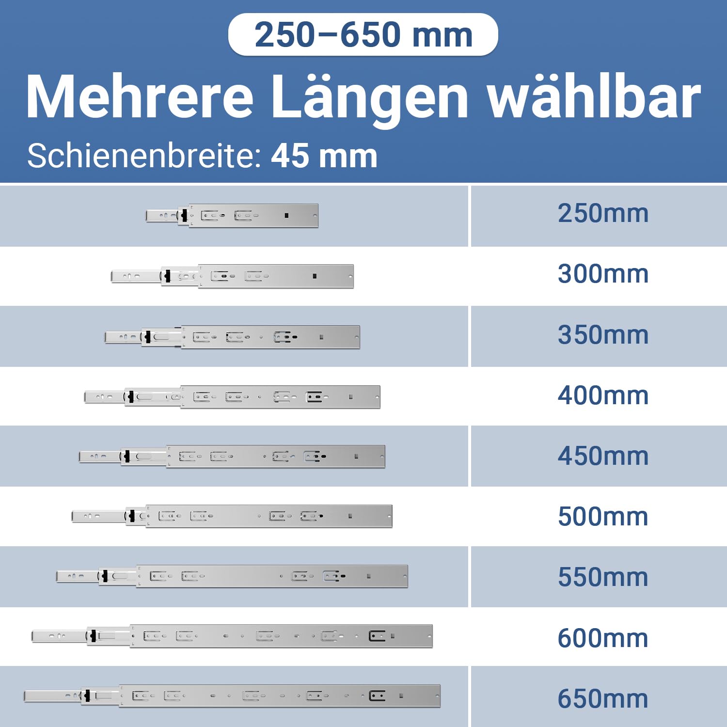 Schubladenschienen Vollauszug 450 mm 45 kg Soft-Close, 3 Paar