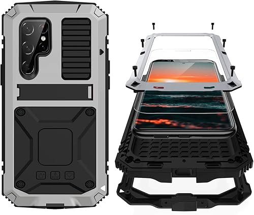Funda de metal compatible con Samsung S22 Ultra con protector de pantalla, protector de cámara, militar, resistente, resistente, a prueba de golpes,