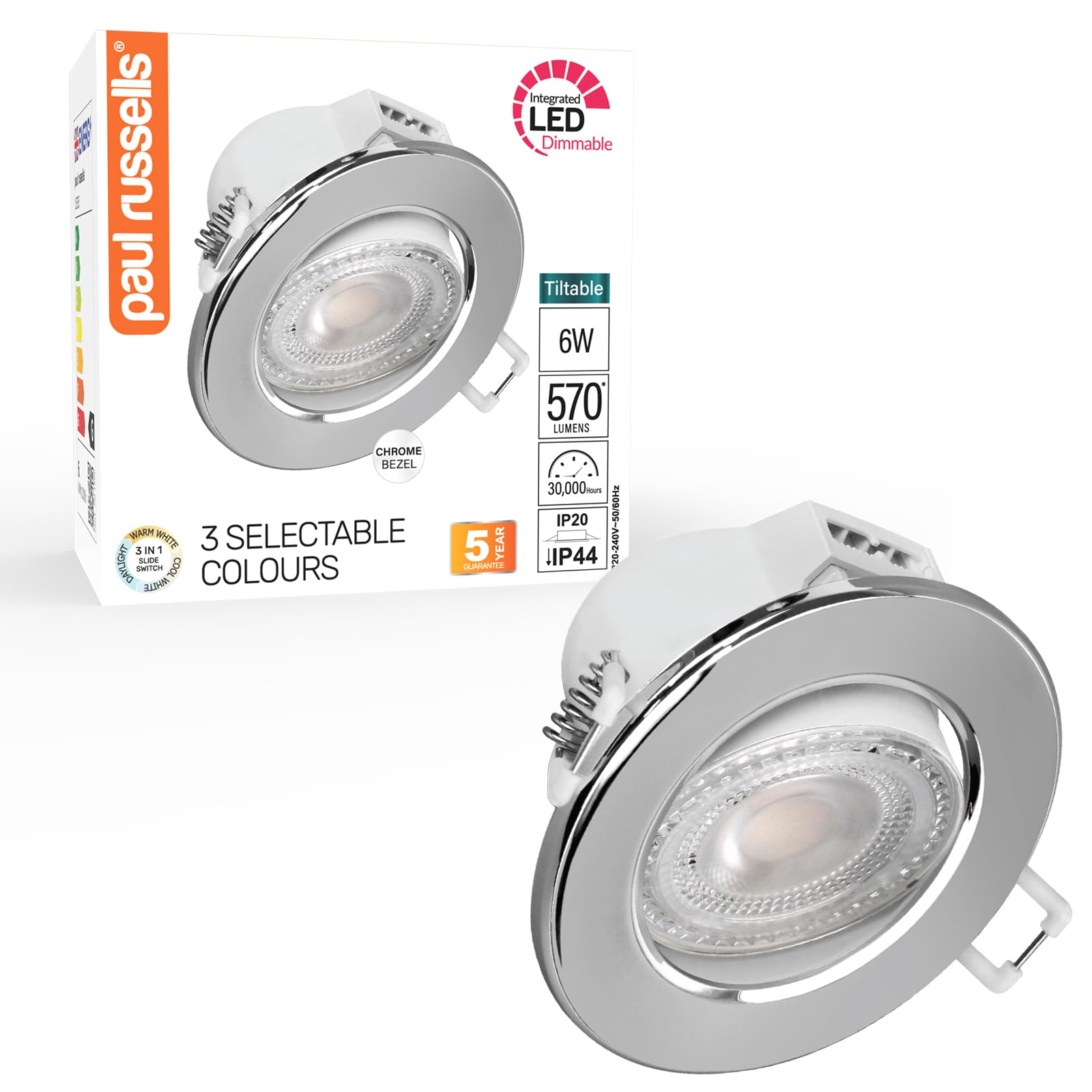 Paul Russells Chrome Led Dimmable Recessed Tilt Downlight, 6Watt 570Lm, Warm/Cool/Day White 3 Adjustable Cct, Ip44, Round Spotlight For Kitchen, Living, Hall & Bathroom Ceiling Light, 1 Pack (Chrome)