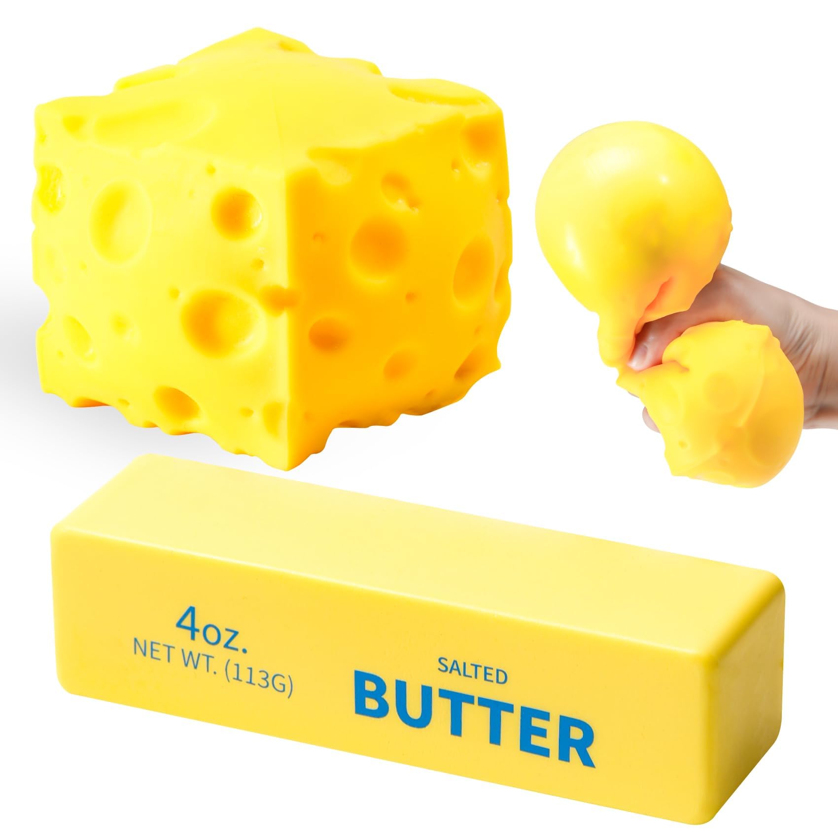 Bambebe 2 Pack Butter & Cheese Squishy Toys, Slow Rising Squeeze Stress Balls, Sensory Fidget Squishies, Novelty Stress Relief Party Favor Gifts