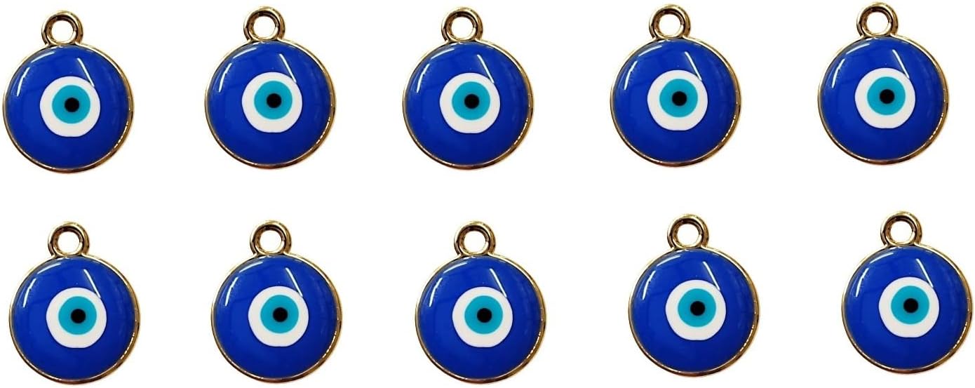 10 PCS ROUND SHAPE EVIL EYE PENDANT CHARM FOR KEY CHAIN, EARRING, NECKLACES, BRACELET DIY CRAFTS AND JEWELRY MAKING ACCESSORIES.