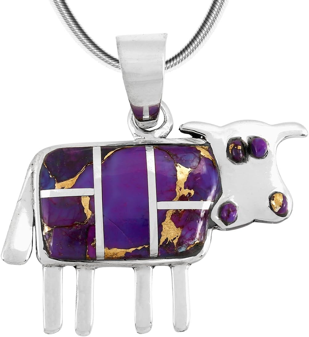 Cow in Turquoise & Gemstone Pendant Necklace in 925 Sterling Silver (18" Length)