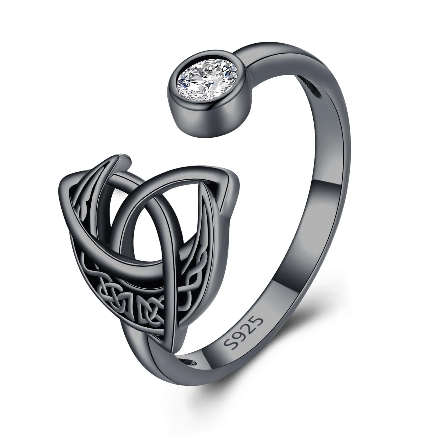 Keltischer Knotenring für Damen 925 Sterling silber verstellbarer Zirkonia Mondring irischer Schmuck schwarzer keltischer Schmuck