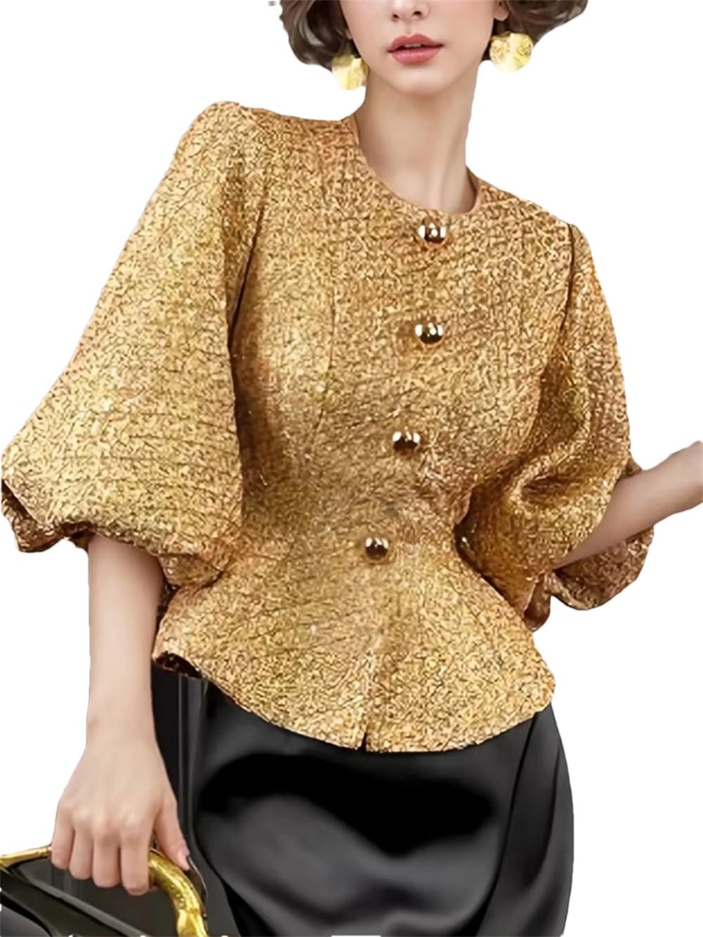 Solid Slimming Short Flare Coats For Women Lantern Sleeve Single Breasted Crewneck Tunic Jacket