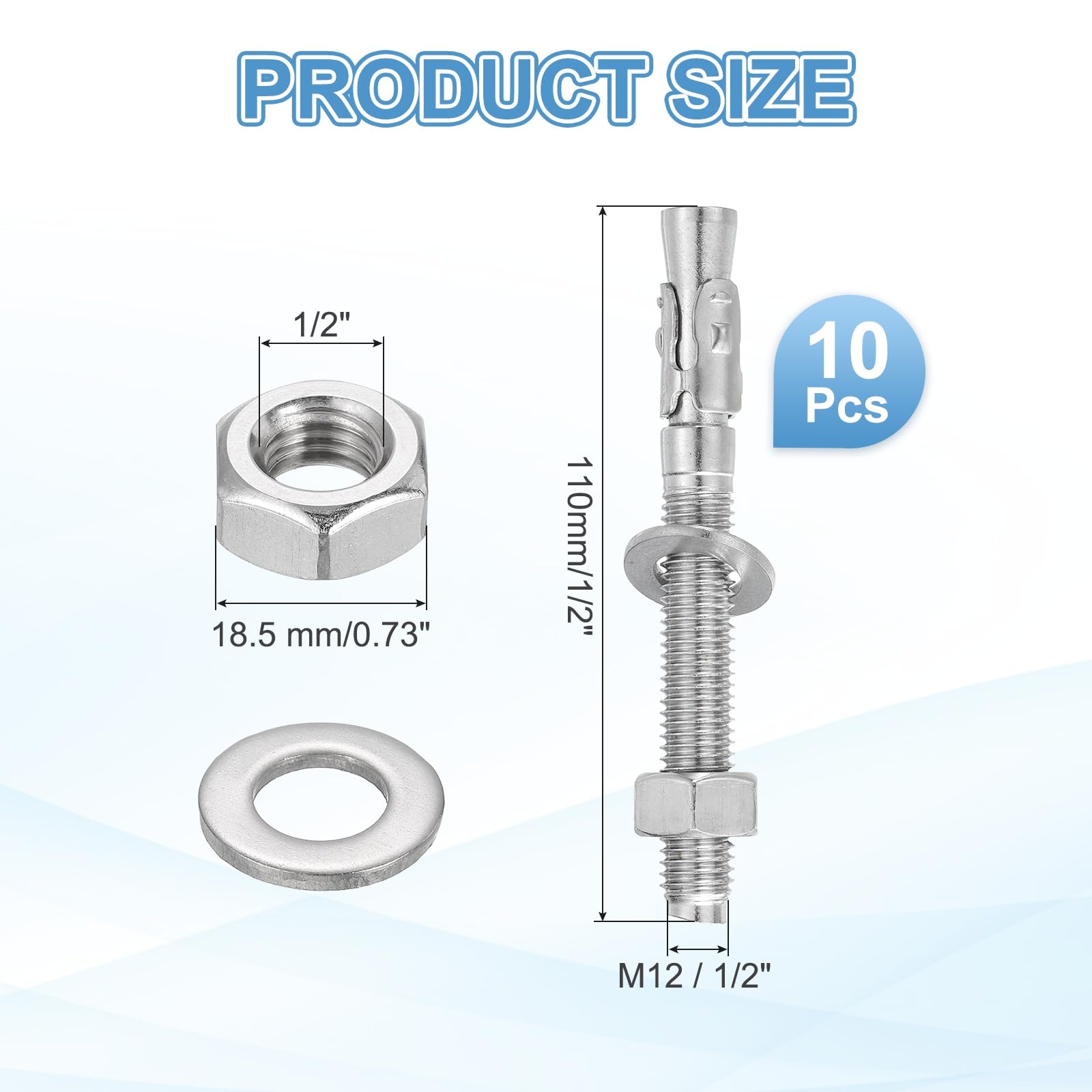 QUARKZMAN 10 Pz Ancora A Cuneo 1/2" x 4-1/2" Bulloni Per Cemento In Acciaio Inox Standard Pesanti Per Supporti Pareti Cemento (Include Dadi E Rondelle Tonalità Argento)