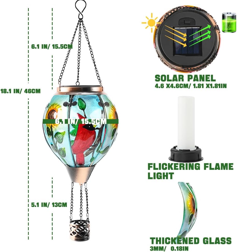 Hot Air Balloon Solar Lantern - Cardinal Bird Glass Lantern, Simulated Flickering & Dancing Flame, Outdoor Hanging Yard Light Waterproof IP65 for Patio Lawn Porch Decor Gift