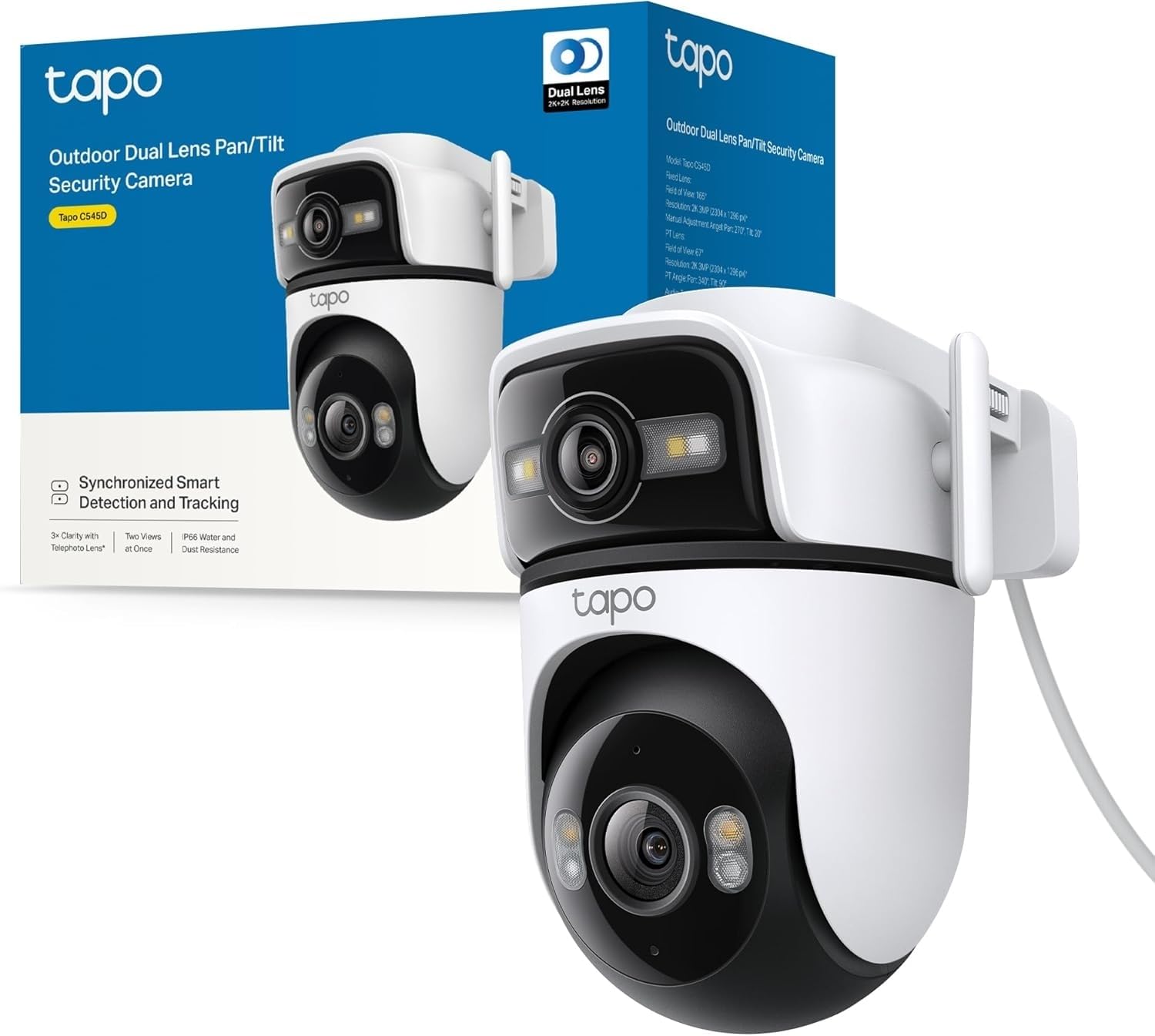 Tapo C545D - Outdoor WiFi 2K Dual Lens Pan/Tilt Security Camera with Smart Tracking, Color Night Vision, People/Pet/Vehicle AI Detection and Two-Way Audio