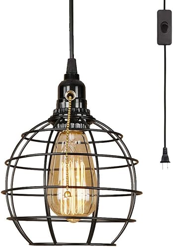 Lámpara colgante de 1 luz con enchufe, cordón de 15 pies, interruptor de encendidoapagado con cadena de tracción - Luz colgante de jaula industrial