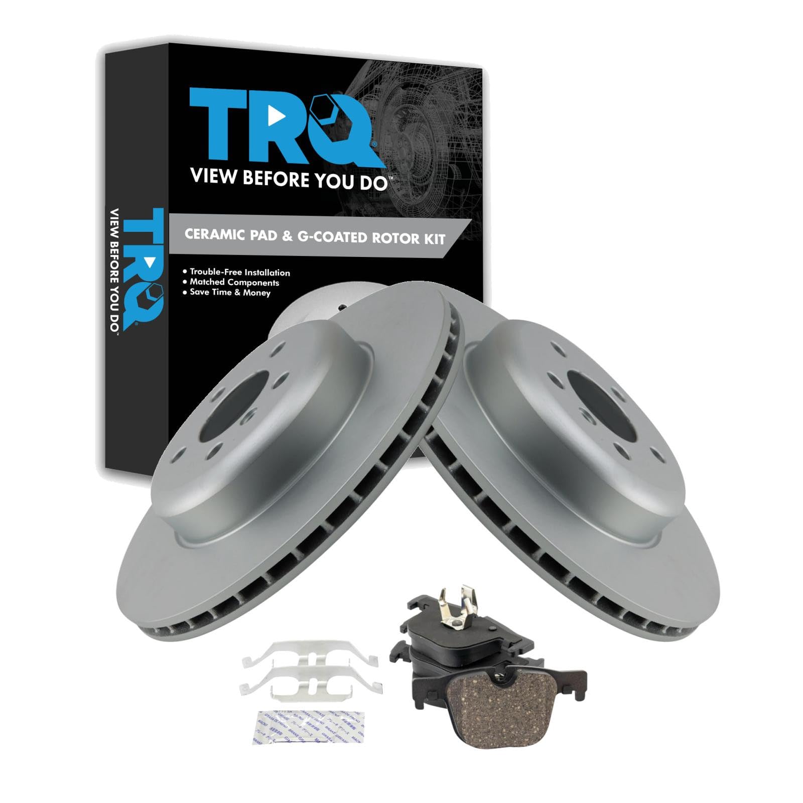 TRQ Rear Brake Pad and Rotor Set Ceramic G Coated Rotors Compatible with 2016 BMW 328i 2012-2015 2017-2018 2020 335i 2014-2016 335i GT xDrive 2013-2015 ActiveHybrid 3 2015-2016 428i Gran Coupe