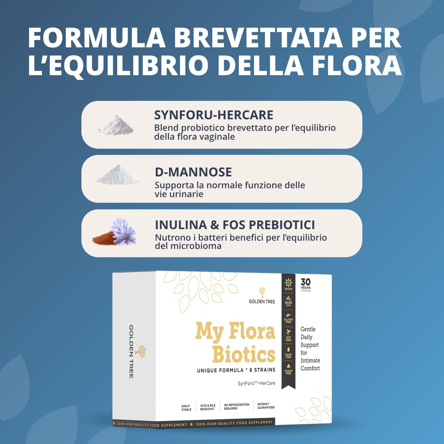 Golden Tree My Flora Biotics – Integratore Alimentare, 30 Capsule | Con 6 Ceppi di Lactobacillus, D-Mannosio e Inulina, 12 Miliardi di CFU