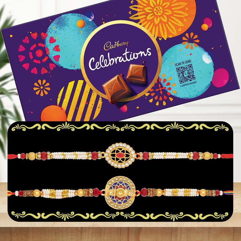 Image of Canton Rakhi Combo Gift Hamper Pack of 2 Rakhi For Brother With Chocolate, Rakhi With Cadbury, Greeting Card & Roli Tilak (Design-4, 2 Rakhi With Celebration)