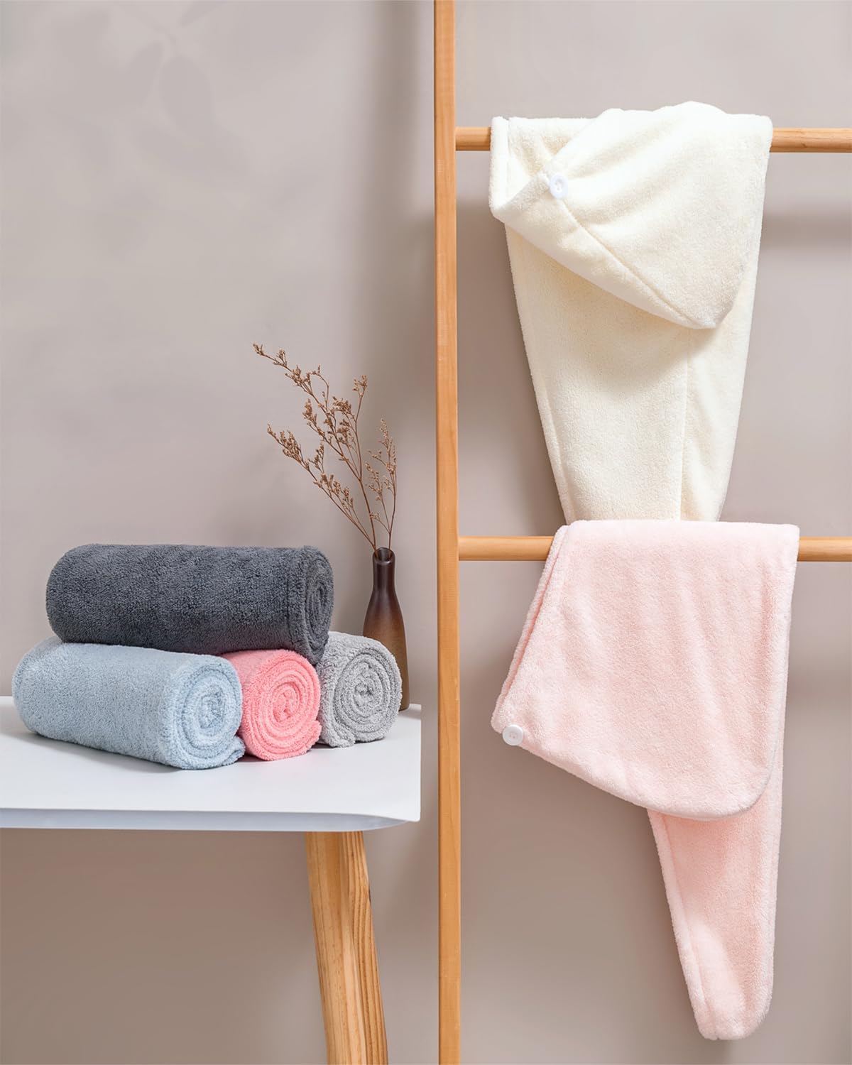 Lumimi Toalla de baño para el cabello presecado, paquete de 2 unidades, secado rápido, súper absorbente, ligera, turbante con botón de secado de cabello, envoltura de ducha, bienestar de ducha, color