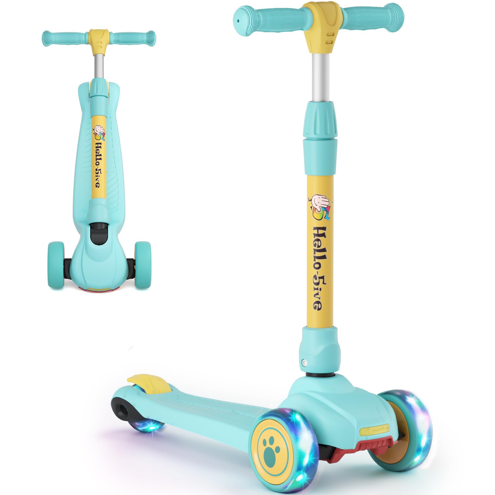 Kids Scooter Age 3,4,5,6, 3 Wheel Foldable Kick Scooter with Flashing Light-Up Wheels, 4 Level Height Adjustable Lean to Steer Lightweight Scooter for Toddler Children Boys Girls (Yellow&Green)