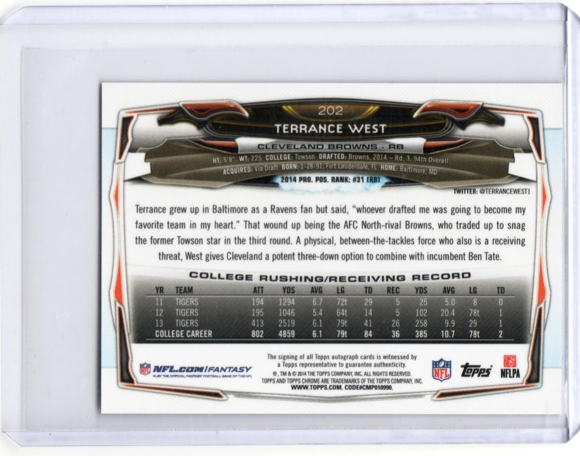 Terrance West Autographed Mini Rookie Card - 2014 Topps Chrome Football Card #202 (Browns)