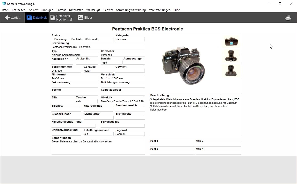 GS Kamera-Verwaltung 6 - Software zur Verwaltung Ihrer Kamera-Sammlung - Datenbank Programm für Kameras, Objektive und Zubehör