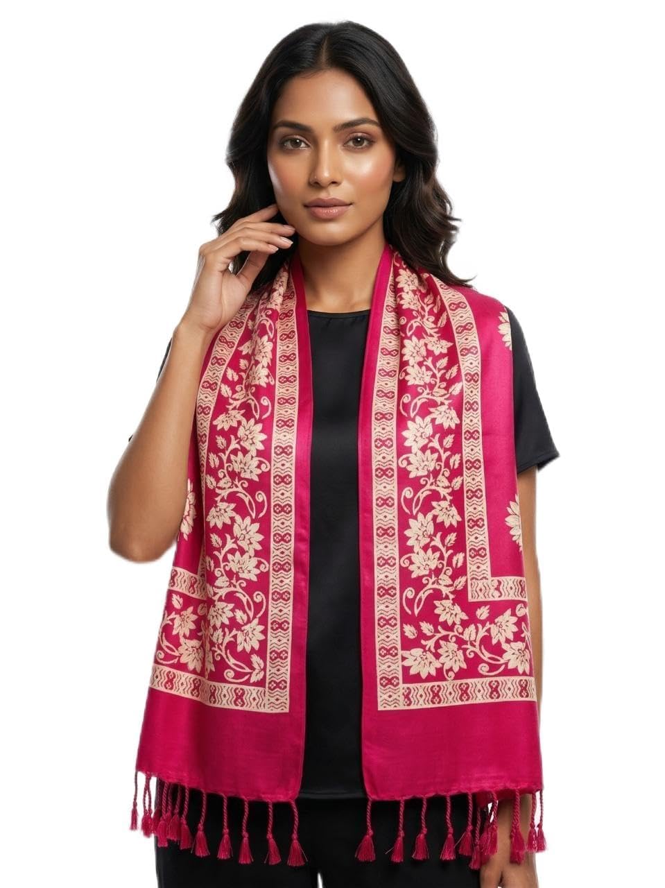 elegant scarf studio Women’s Elegant Pink Printed Shawl with Tassels | Soft Lightweight Designer Wrap & Stole | Stylish All-Season Scarf for Evening, Casual, Party & Travel Wear | Fashion Accessory for Women-picture-32