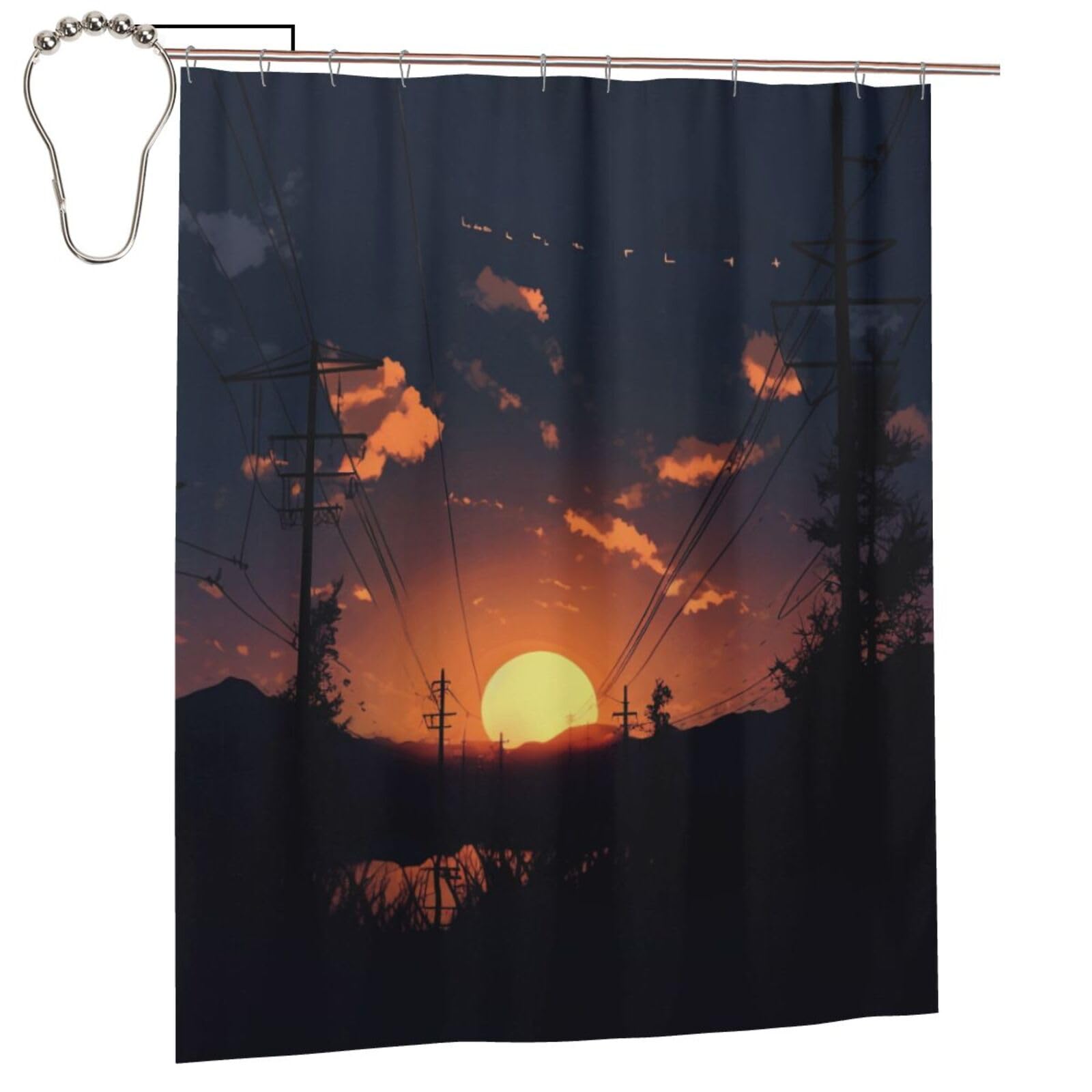 BWWHCCTI Dusk Scenery Printed Shower Curtain With 12 Iron Hooks Opaque Quick Drying Waterproof Shower Curtains Sets For Bathroom 152x183 Cm
