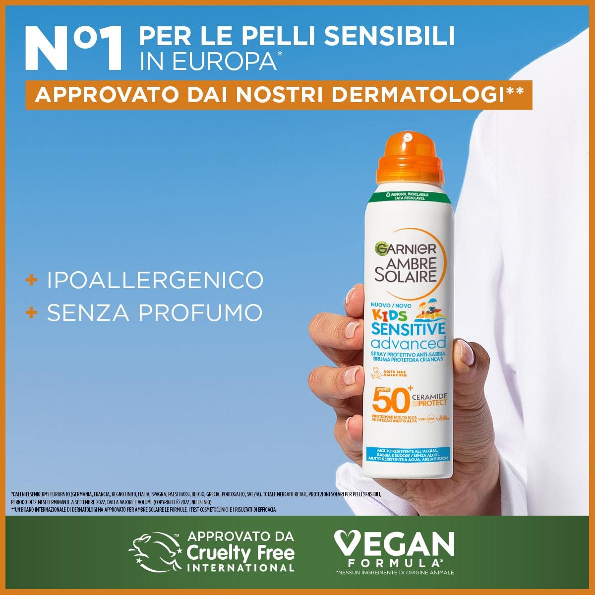Garnier Ambre Solaire Advanced Sensitive Kids Ceramide Protect Spray Aerosol Anti-Sabbia SPF50+, 150 ml