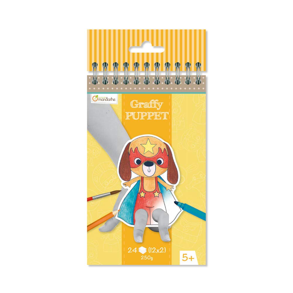 Avenue Mandarine - Ref GY010O - Graffy Pre-Cut Finger Puppets to Colour In & Play - Superhero Animals - Spiral Notebook, 250gsm Clairefontaine Paper, 24 Cards, 12 Designs