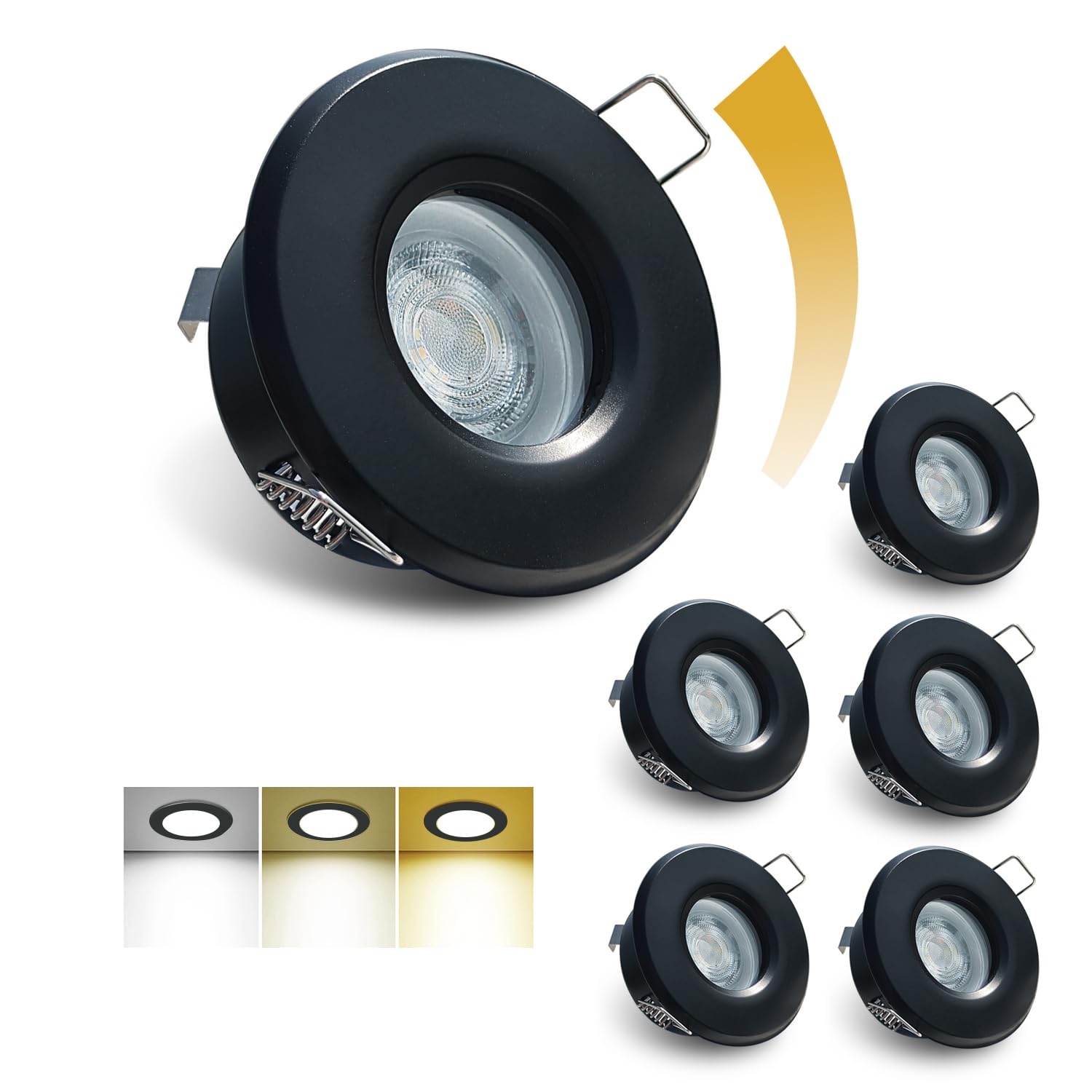 Sweier Recessed Dimmable Ceiling Lights 6W 680lm, IP65 Bathroom Downlights Black Waterproof Spotlight, Warm 3000K Neutral 4000K Cool 6000K Memory Function Spotlights, Cutout Φ68-75MM, 6 Pack