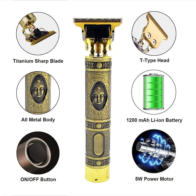 Image of T9 Vintage Professional Hair Trimmer For Men -Golden Body,Cordless,4 Guide Combs,USB Rechargeable,Men'S T9 Golden -Zero Gap Beard & Hair Clipper With Guide Combs & Brush Plastic Gold With mobile holder