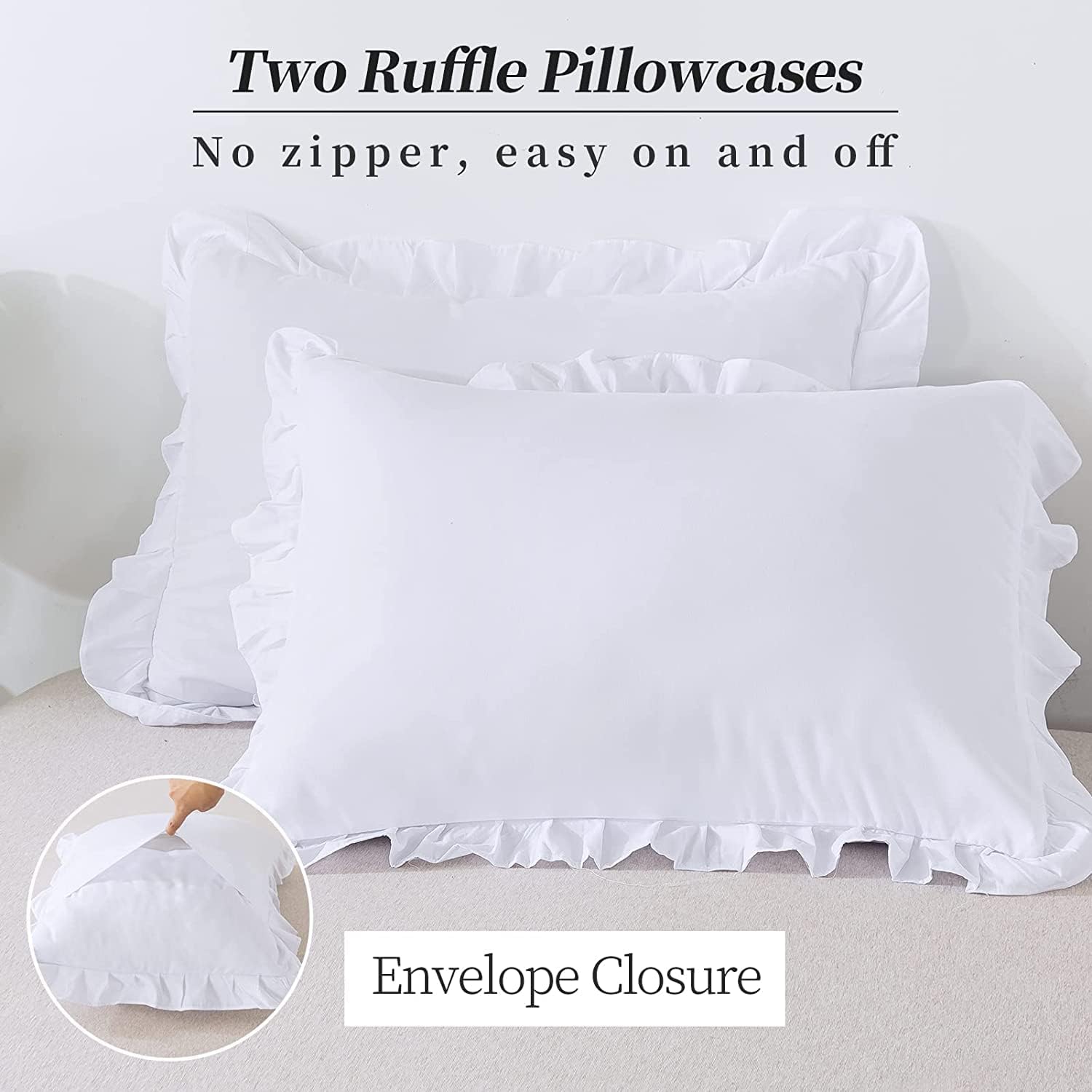 Precious Star Linen Pillow Sham Set of 2 Edge Ruffle Pillow Cover Sham Design 600 Thread Count Natural Cotton, Hypoallergenic (Super King (20'' x 36''), Edge Ruffle White)