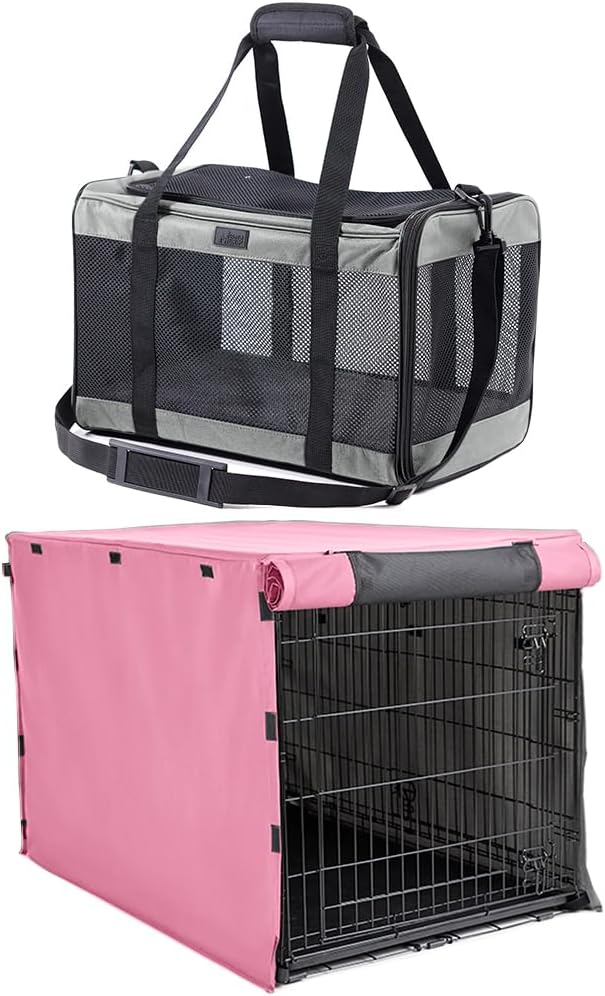 Gorilla Grip Airline Travel Cat Carrier Bag and Heavy Duty Light Reducing Dog Crate Covers, Bag Up to 15 Lbs Gray, Portable Kennel, Crate Size 24 in Pink, All Sides Open, 2 Item Bundle
