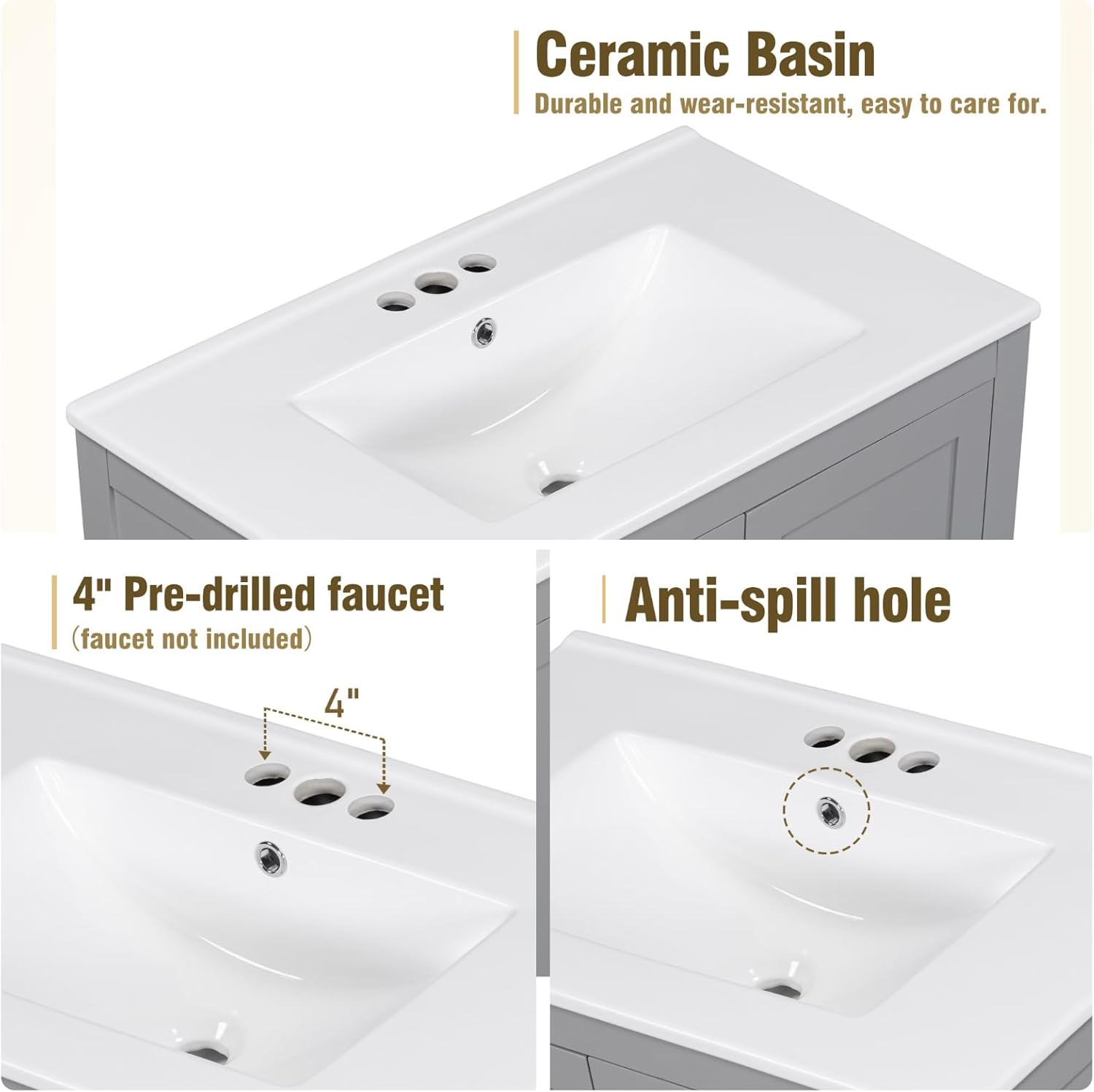 30" Freestanding Bathroom Vanity with Sink, Floor Stand Bathroom Storage Cabinet with Ceramic Sink, Doors with Double-Layered Storage Shelves, Modern Compact Vanity with Divided Drawer, Gray