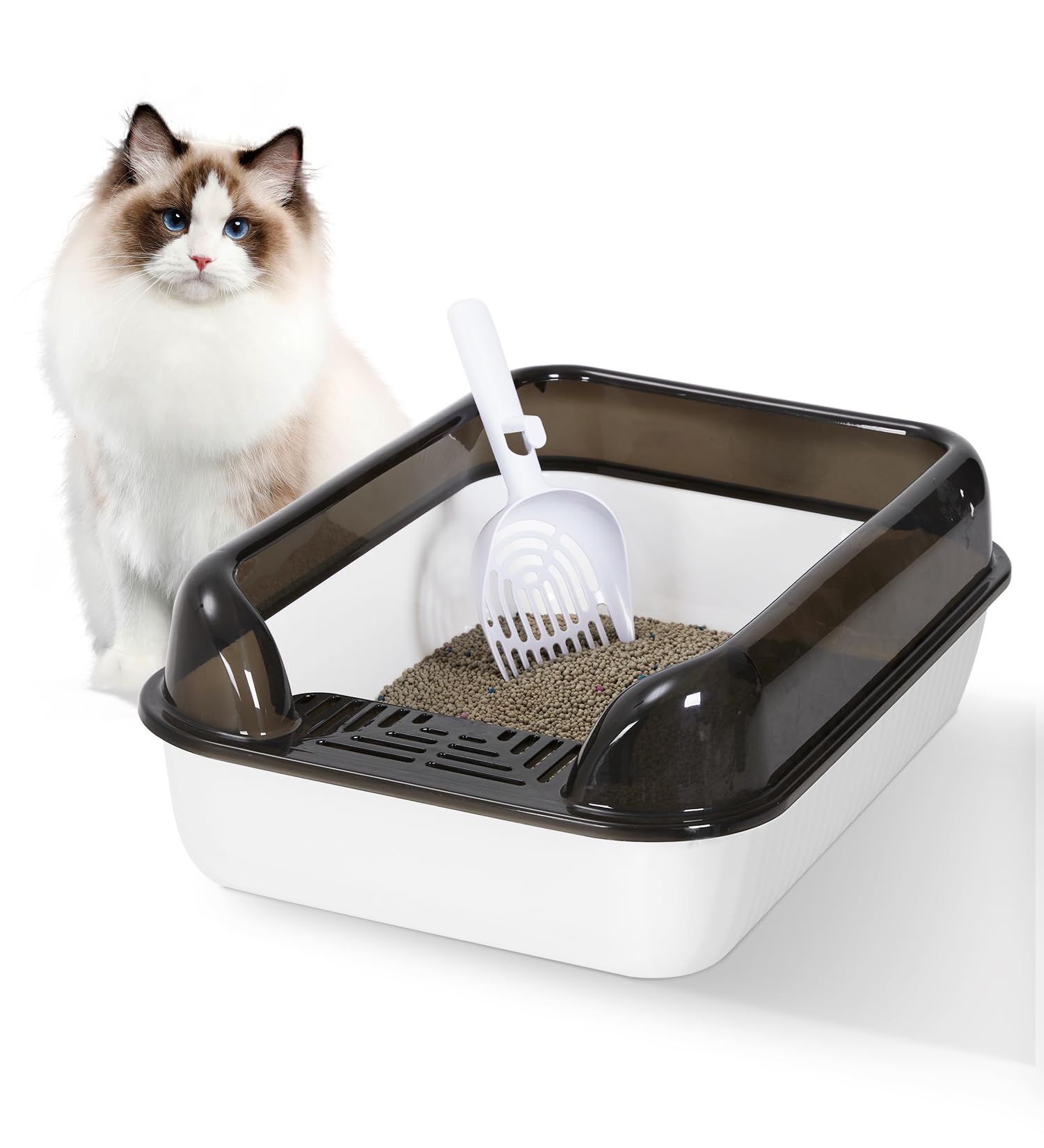 Fellie High Sided Anti-Spillage Cat Litter Box - Easy to Clean with Litter Scoop, Open Top Kitten Tray (51x34.5x17cm, White)