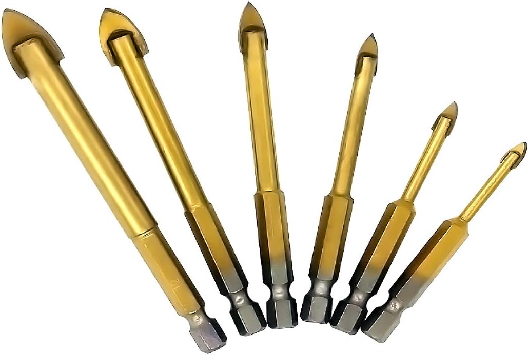Mengshen Drill Bits Set for Glass and Tile 4-12mm 6PCS, Tungsten Carbide Titanium Coated 3 Cutting Triangle Head Drill Bit with Hex Shank for tile concrete brick glass plastic and Wood